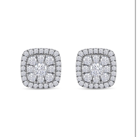 1 1/4 Carat Round Cut Diamond Cushion Frame Halo Cluster Stud Earrings - Picture 3 of 12